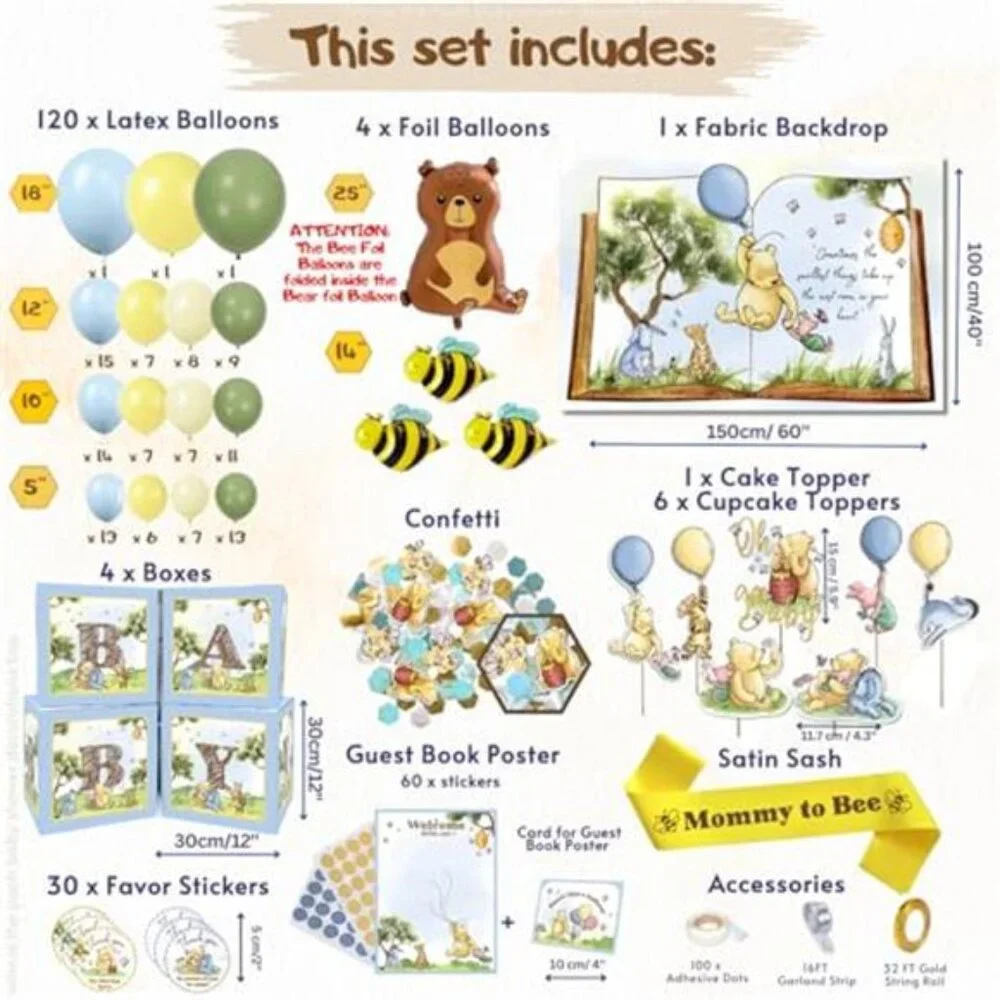 Winnie Baby Shower Decorations Kit 269 Pieces Party Pack Balloon Arch Baby Boy